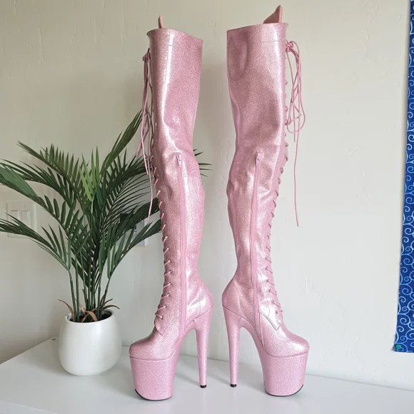 Hella Heels NWOB 8" Glitterati Sugarbaby Pink Thigh High Boots Front Lace Pole - Picture 6 of 13